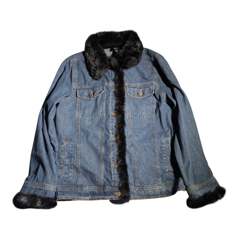 Vtg Y2K Dennis Basso Blue Denim Black Faux Fur Trim Button Up Jacket Sz S